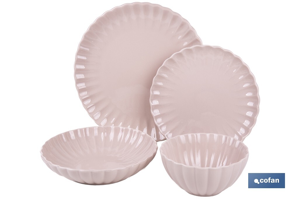 VAJILLA DE PORCELANA EN RELIEVE COLOR ROSA NUDE ESMALTADO  16 PIEZAS (PACK: 1 UDS)