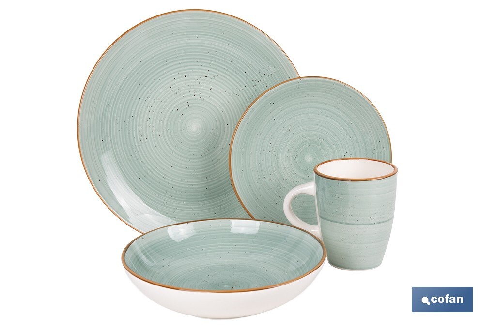 VAJILLA DE CERAMICA PINTADA A MANO VERDE AGUA ESMALTADO CON BORDE VINTAGE 16 PIEZAS (PACK: 1 UDS)