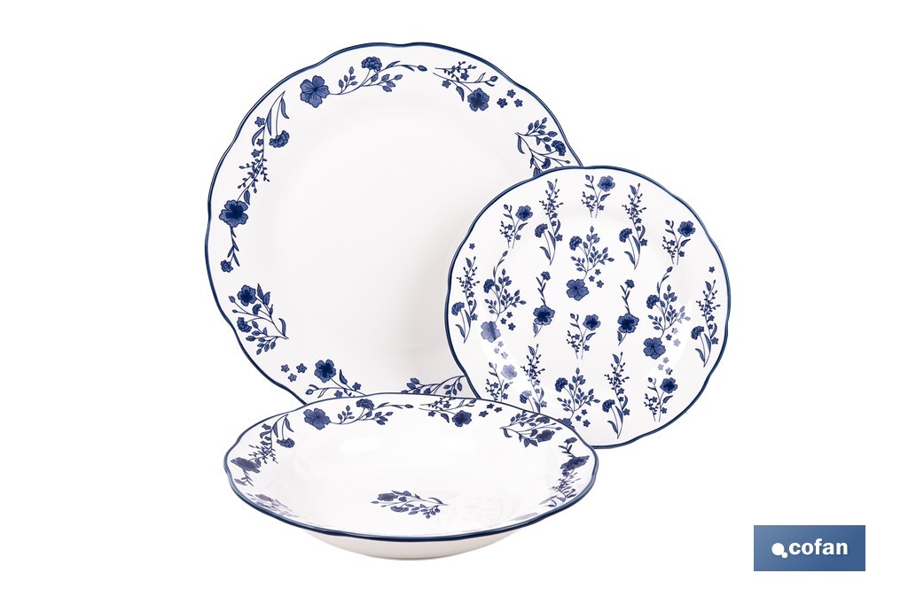 VAJILLA DE PORCELANA CON DETALLE FLORAL AZUL ESMALTADO DE FORMA IRREGULAR 18 PIEZAS (PACK: 1 UDS)