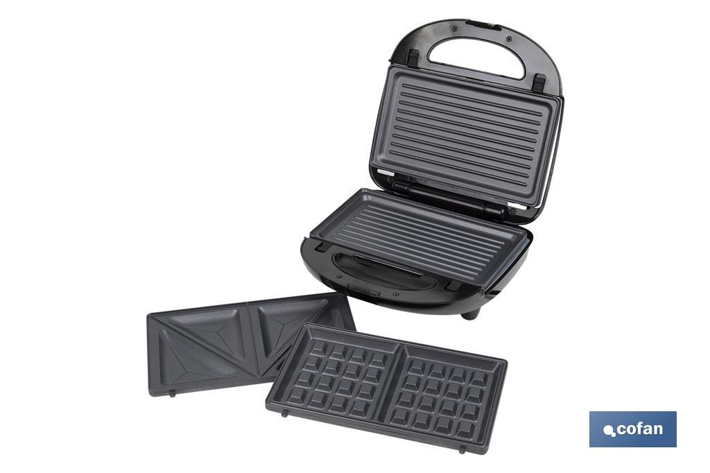 SANDWICHERA MULTIUSOS,GRILL Y GOFRERA 3 EN 1 PLACAS INTERCAMBIABLES  750W 24 X 22,8 X10,9 CM (PACK: 1 UDS)